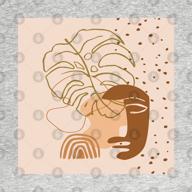 Monstera leaf african human face mask, tribal art print, rainbow dots shapes background, modern art by Modern Art